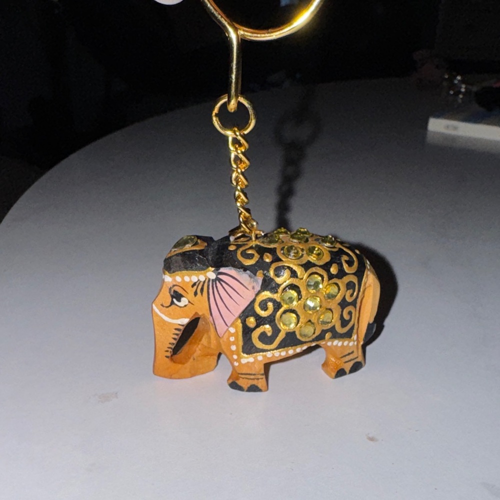Elephant Keychain Gold Accents intricate carving painting wooden elephant - Picture 5 of 5